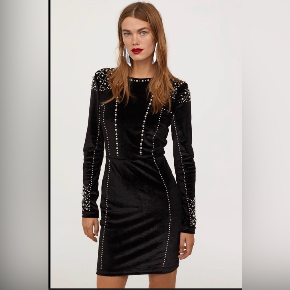 H&M Black Velvet Long-Sleeve Studded Mini Dress